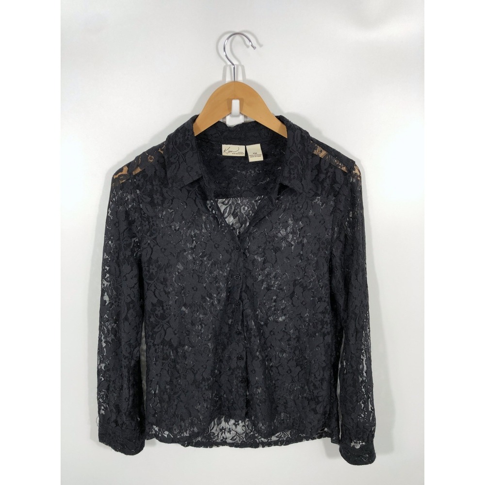 VTG Kim Rogers Sheer Lace Button Up Womens Petite M Black 90s Minimalist Capsule
